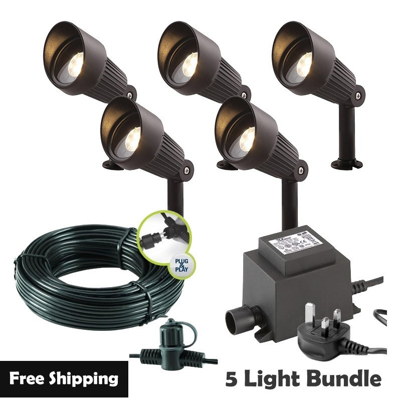 Techmar Garden Lighting UK Outdoor Lights Low Voltage Focus Verona 12V Plug & Play Garden Spotlights Bundle - 5 Light Kit. 1
