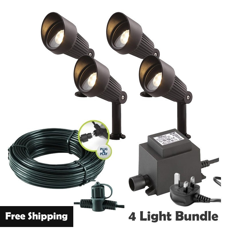 Techmar Garden Lighting UK Outdoor Lights Low Voltage Focus Verona 12V Plug & Play Garden Spotlights Bundle - 4 Light Kit. 1