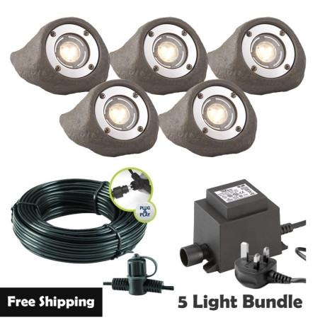 Techmar Garden Lighting UK Outdoor Lights Low Voltage Lapis LED Waterproof Rock Light Bundle - 5 Light Kit. 1
