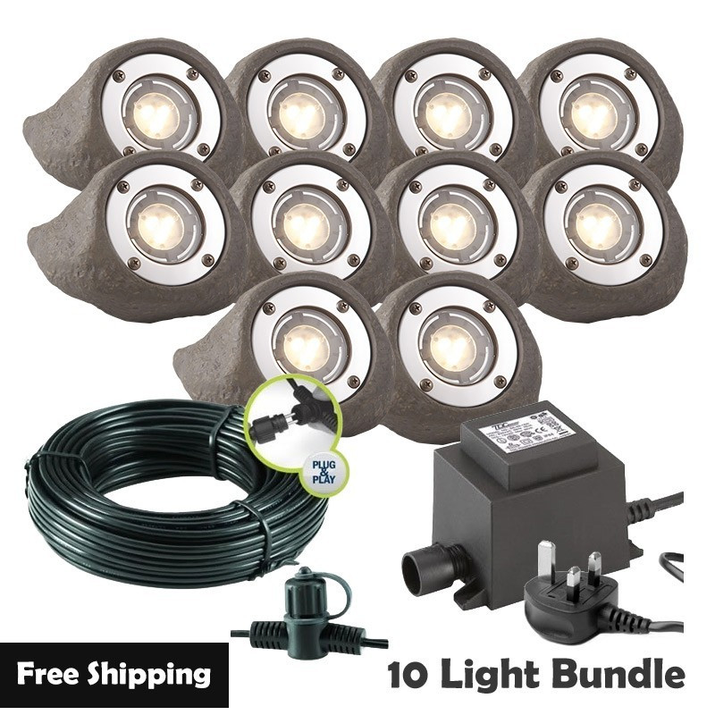 Techmar Garden Lighting UK Outdoor Lights Low Voltage Lapis LED Waterproof Rock Light Bundle - 10 Light Kit. 1