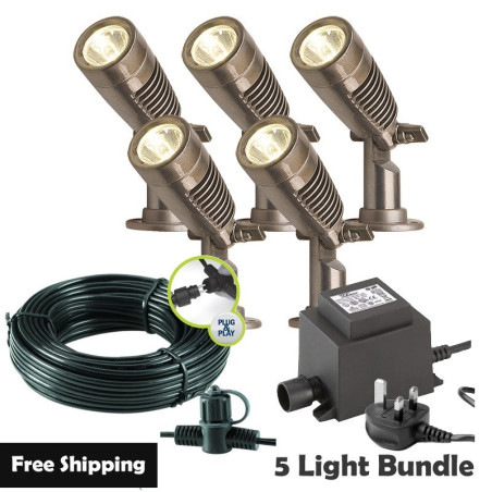 Techmar Garden Lighting UK Outdoor Lights Low Voltage Minus Plug & Play LED Garden Spotlight Bundle - 5 Light Kit. 1