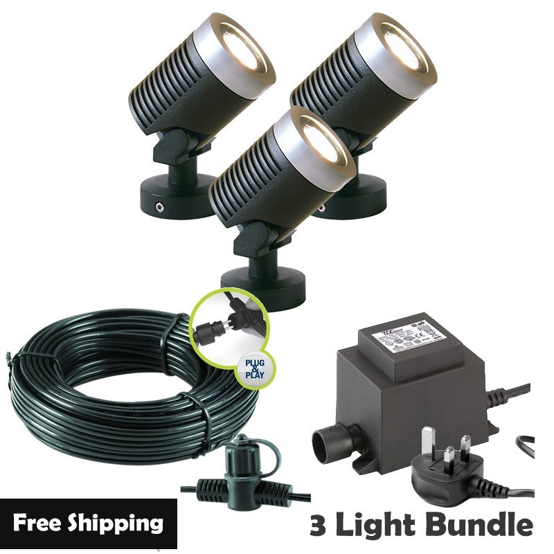 Techmar Garden Lighting UK Outdoor Lights Low Voltage Arcus 12V Plug & Play Garden Spotlight Bundle - 3 Light Kit. 1