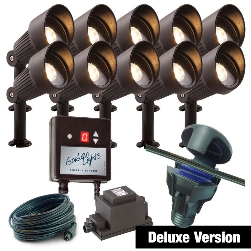 Techmar Garden Lighting UK Outdoor Lights Low Voltage DIY 10 light 4w Focus Bundle + timer