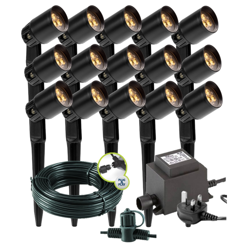 Techmar Garden Lighting UK Outdoor Lights Low Voltage Neso 12V Plug & Play Garden Spotlight Bundle - 15 Light Kit. 1