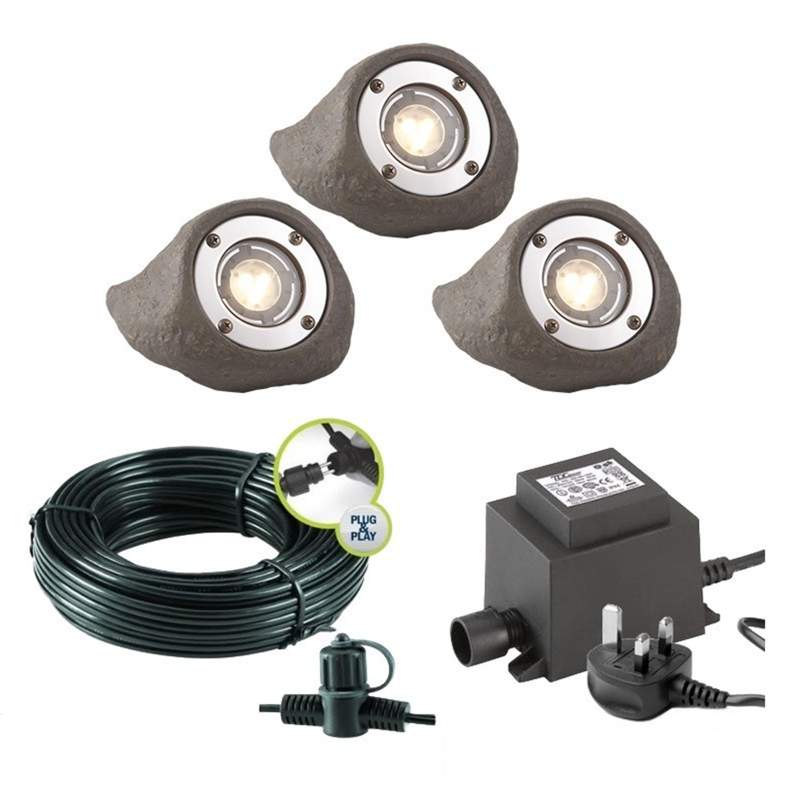 Techmar Garden Lighting UK Outdoor Lights Low Voltage Lapis LED Waterproof Rock Light Bundle - 3 Light Kit. 4